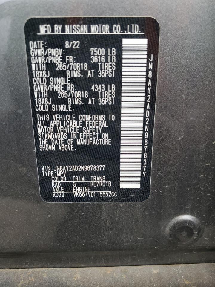 2022 NISSAN ARMADA S VIN:JN8AY2AD2N9678377