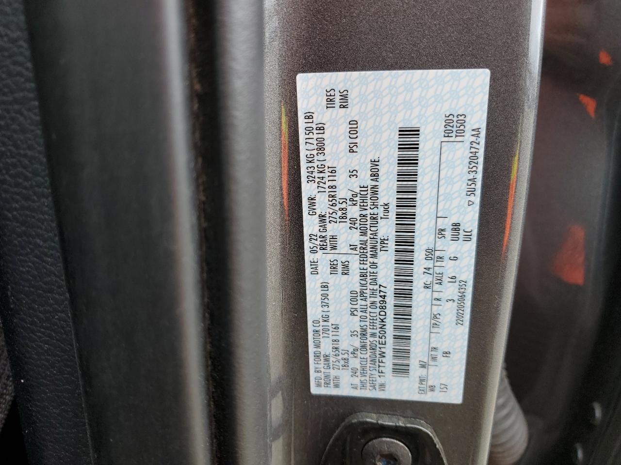 2022 FORD F150 SUPERCREW VIN:1FTFW1E50NKD89477