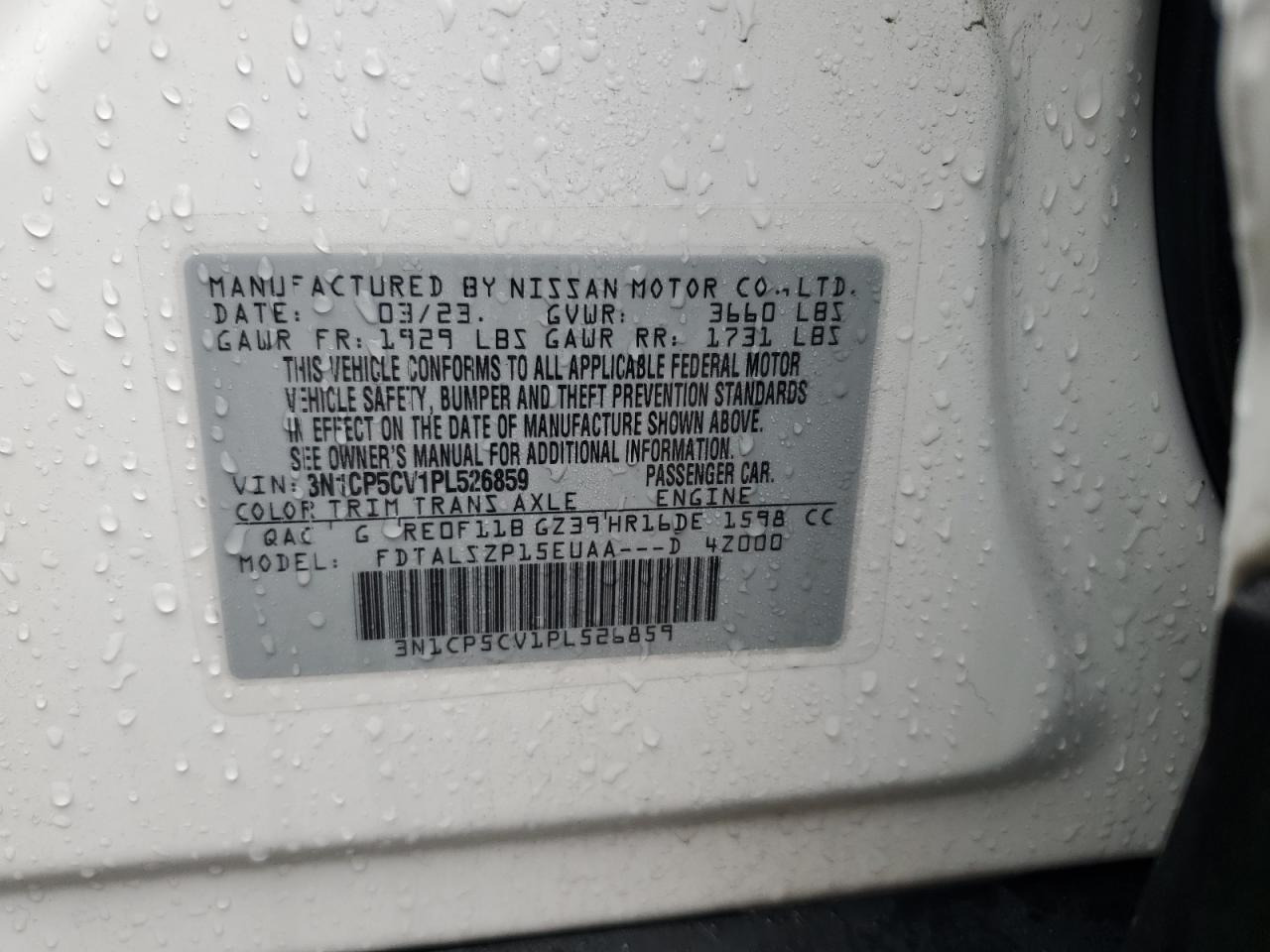 2023 NISSAN KICKS SV VIN:3N1CP5CV1PL526859