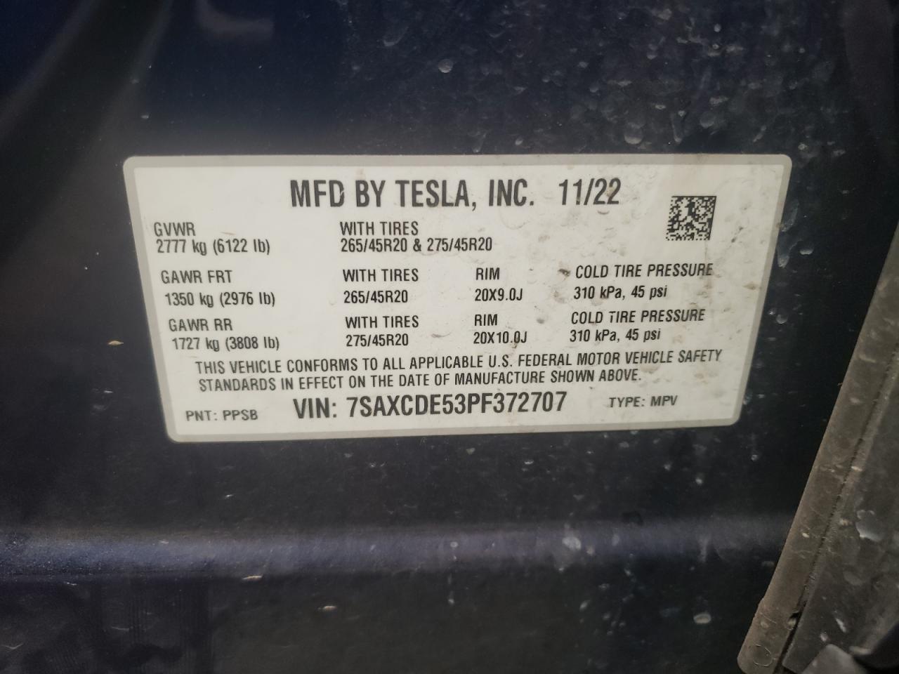 2023 TESLA MODEL X VIN:7SAXCDE53PF372707