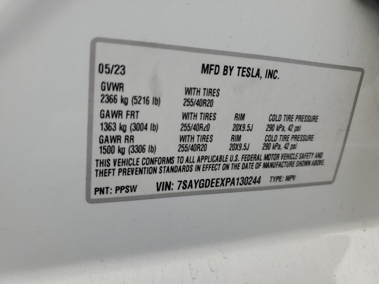 2023 TESLA MODEL Y VIN:7SAYGDEEXPA130244