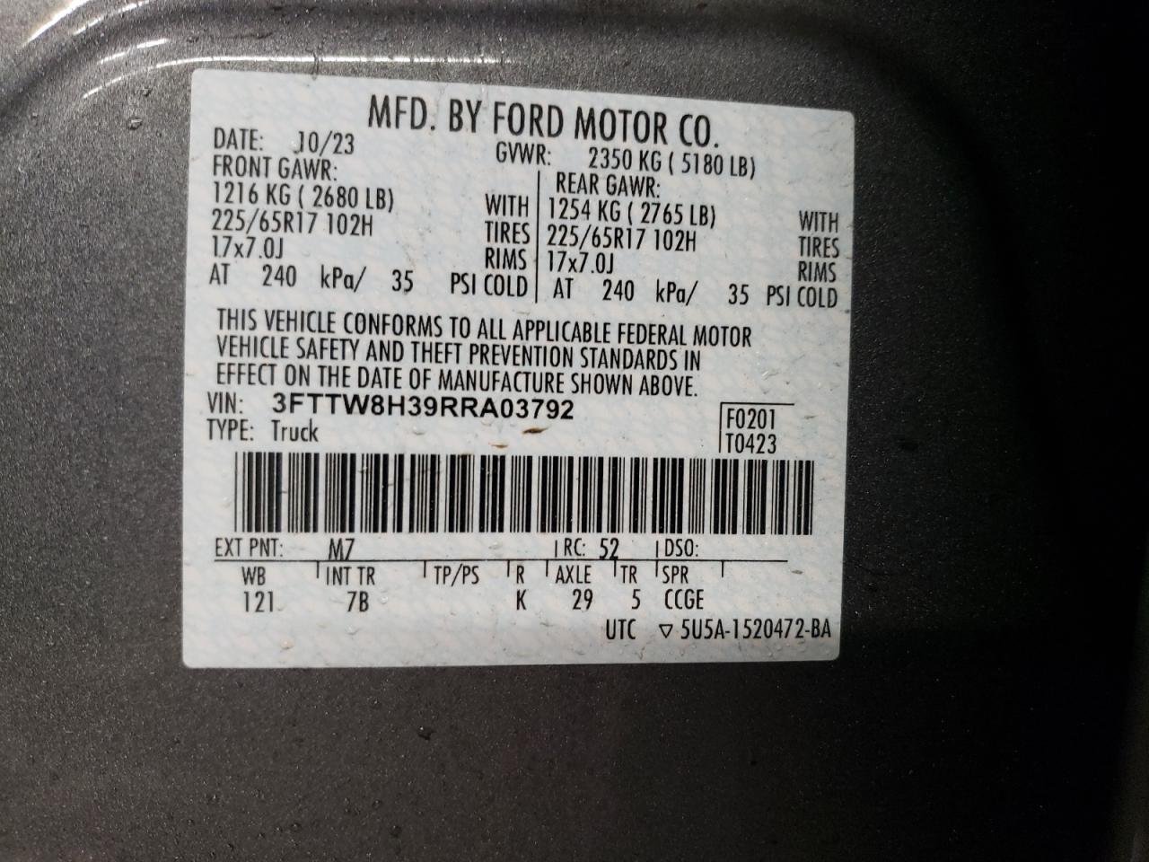 2024 FORD MAVERICK XLT VIN:3FTTW8H39RRA03792