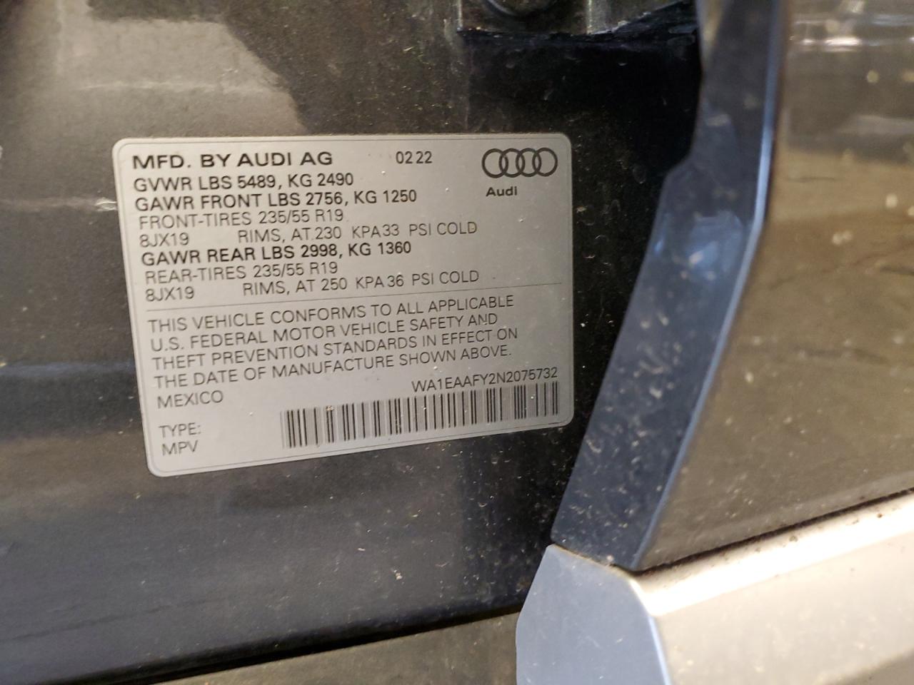 2022 AUDI Q5 PREMIUM PLUS 45 VIN:WA1EAAFY2N2075732