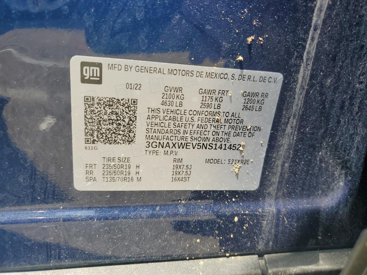 2022 CHEVROLET EQUINOX RS VIN:3GNAXWEV5NS141452