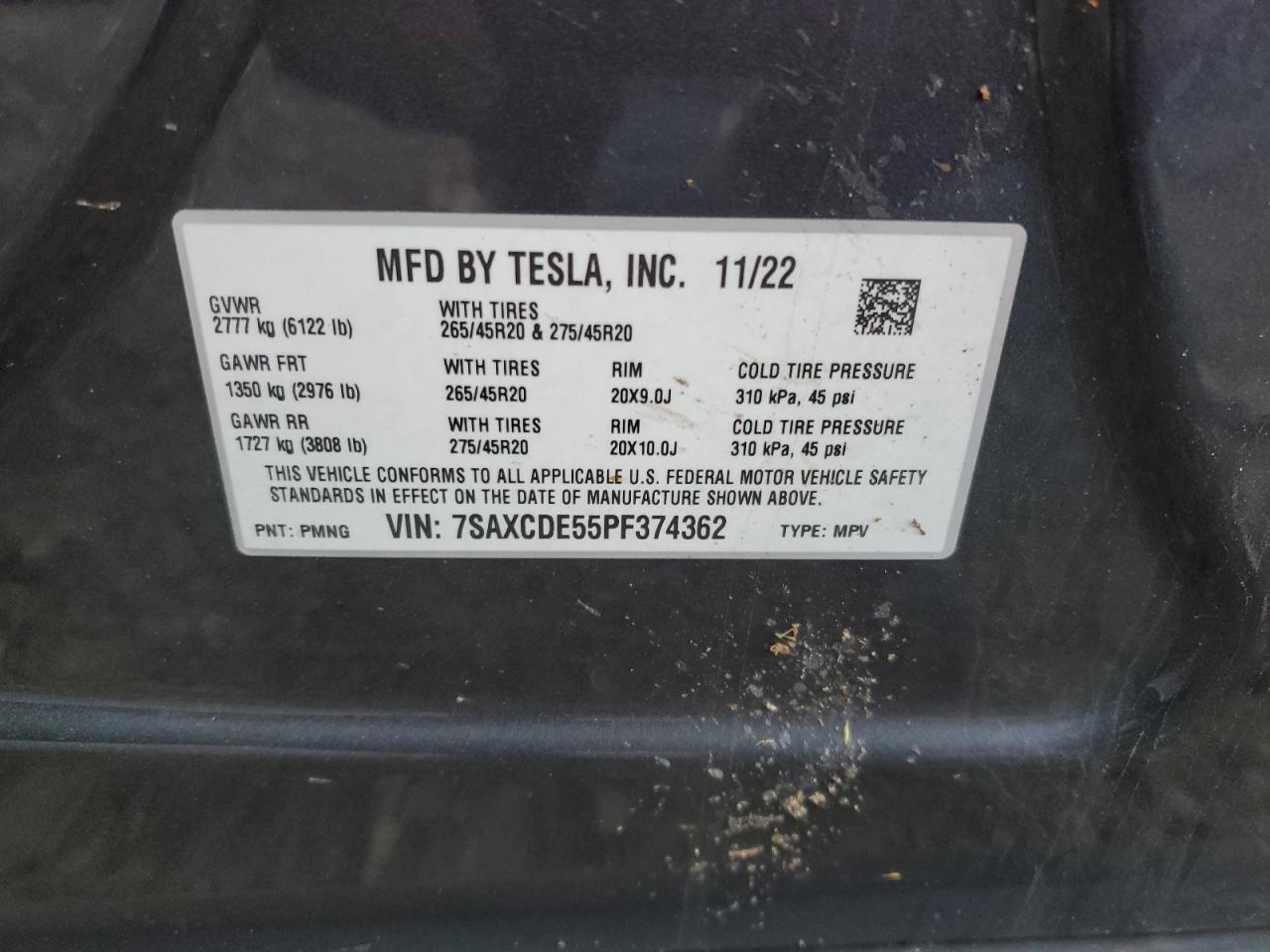 2023 TESLA MODEL X VIN:7SAXCDE55PF374362