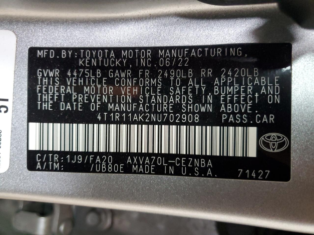 2022 TOYOTA CAMRY LE VIN:4T1R11AK2NU702908