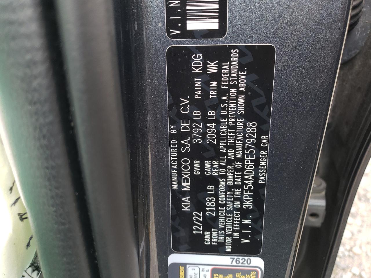 2023 KIA FORTE GT LINE VIN:3KPF54AD6PE579288