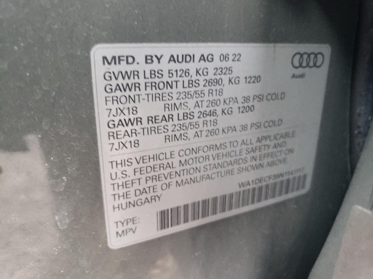 2022 AUDI Q3 PREMIUM S LINE 45 VIN:WA1DECF39N1141117