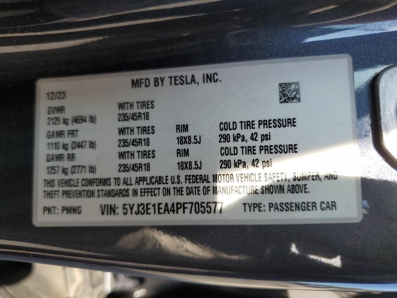 2023 TESLA MODEL 3 VIN:5YJ3E1EA4PF705577