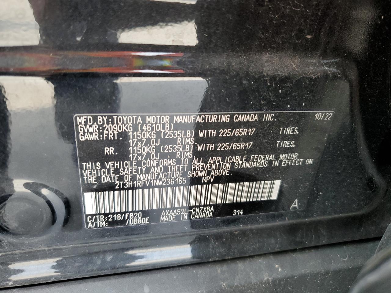 2022 TOYOTA RAV4 LE VIN:2T3H1RFV1NW236165