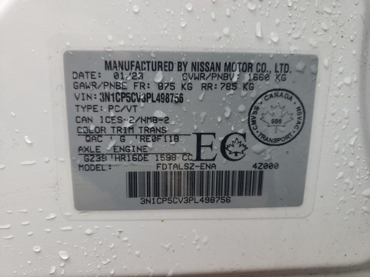 2023 NISSAN KICKS SV VIN:3N1CP5CV3PL498756