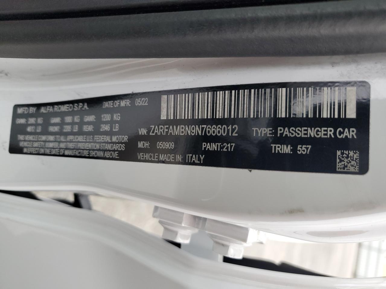 2022 ALFA ROMEO GIULIA SUPER VIN:ZARFAMBN9N7666012