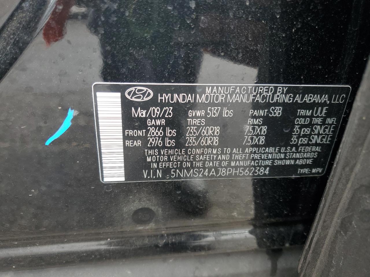 2023 HYUNDAI SANTA FE SEL VIN:5NMS24AJ8PH562384