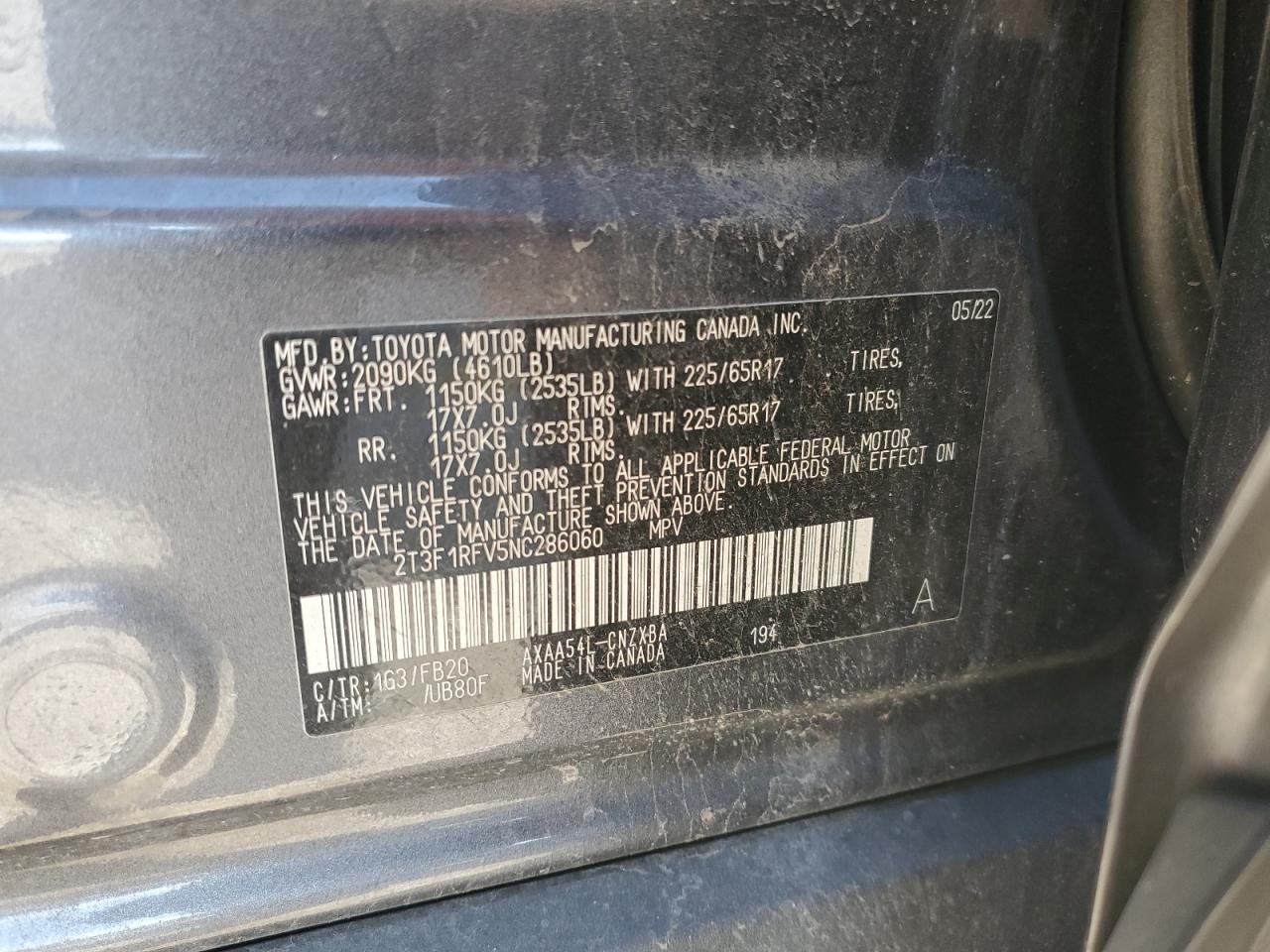 2022 TOYOTA RAV4 LE VIN:2T3F1RFV5NC286060