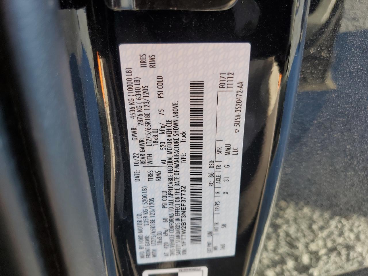 2022 FORD F250 SUPER DUTY VIN:1FT7W2BT3NEF37732