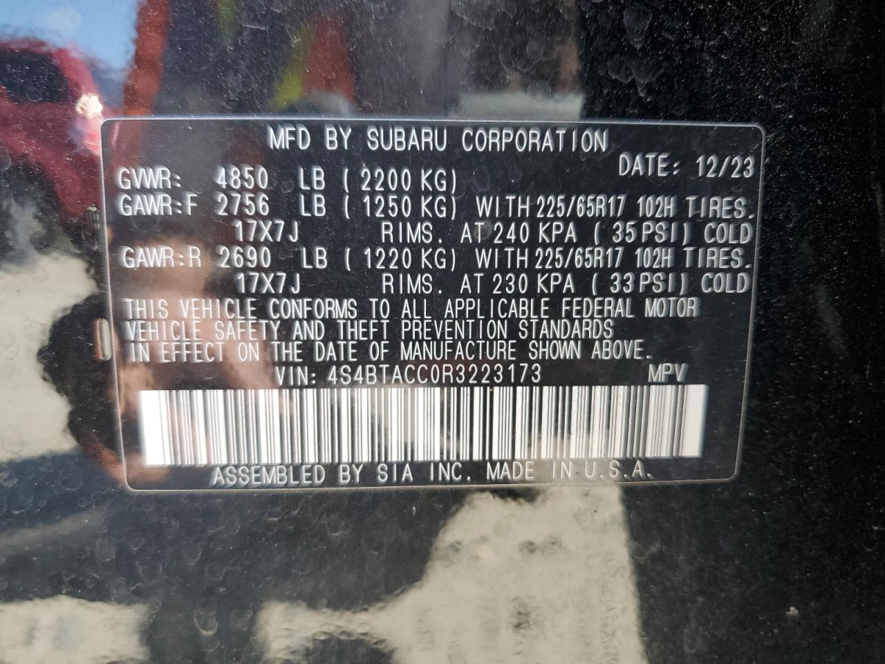 2024 SUBARU OUTBACK PREMIUM VIN:4S4BTACC0R3223173