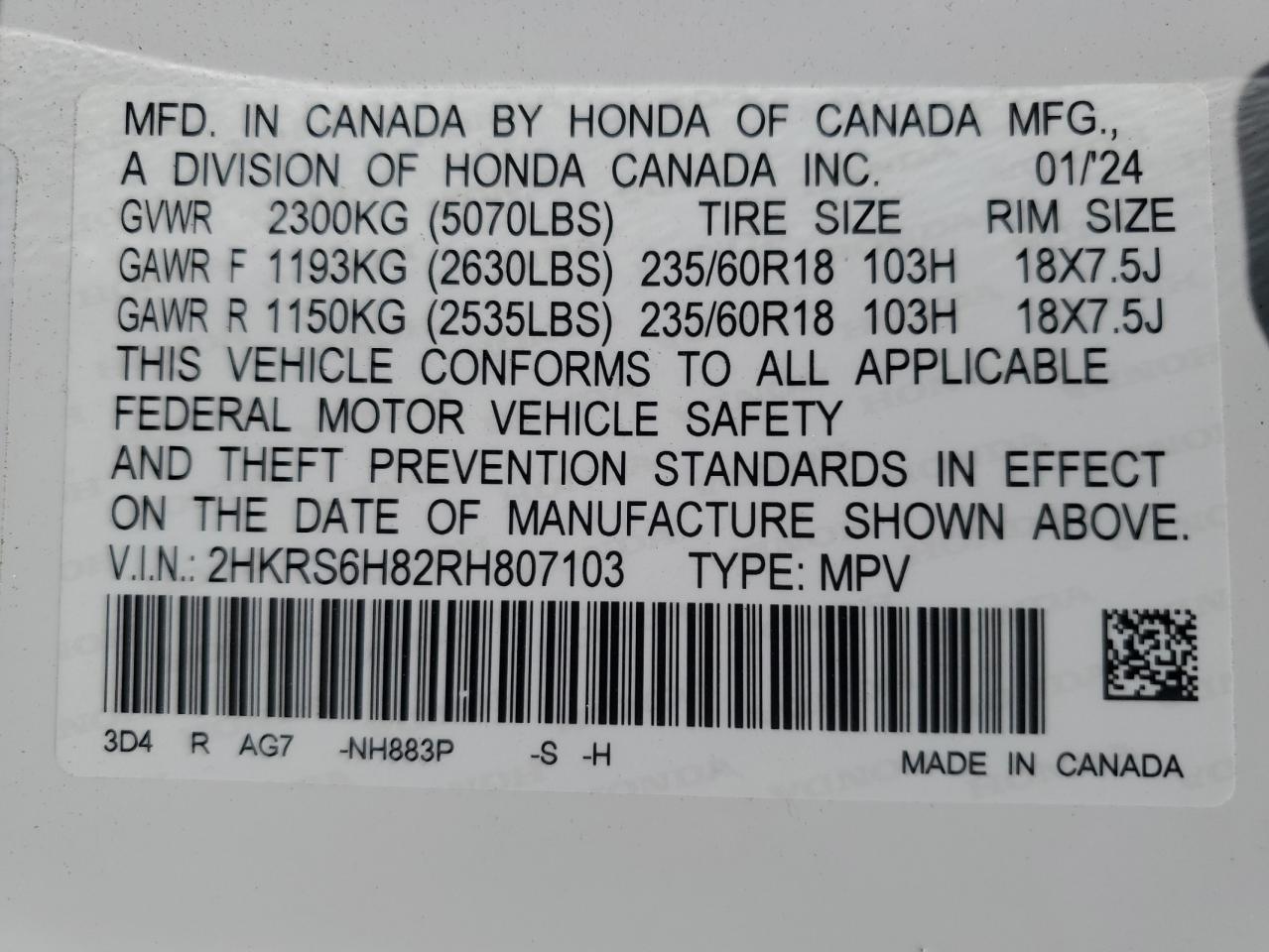 2024 HONDA CR-V SPORT-L VIN:2HKRS6H82RH807103