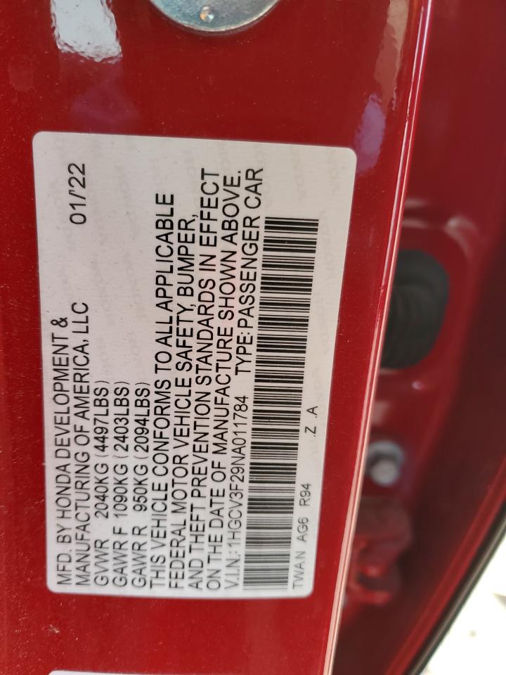 2022 HONDA ACCORD HYBRID SPORT VIN:1HGCV3F29NA011784