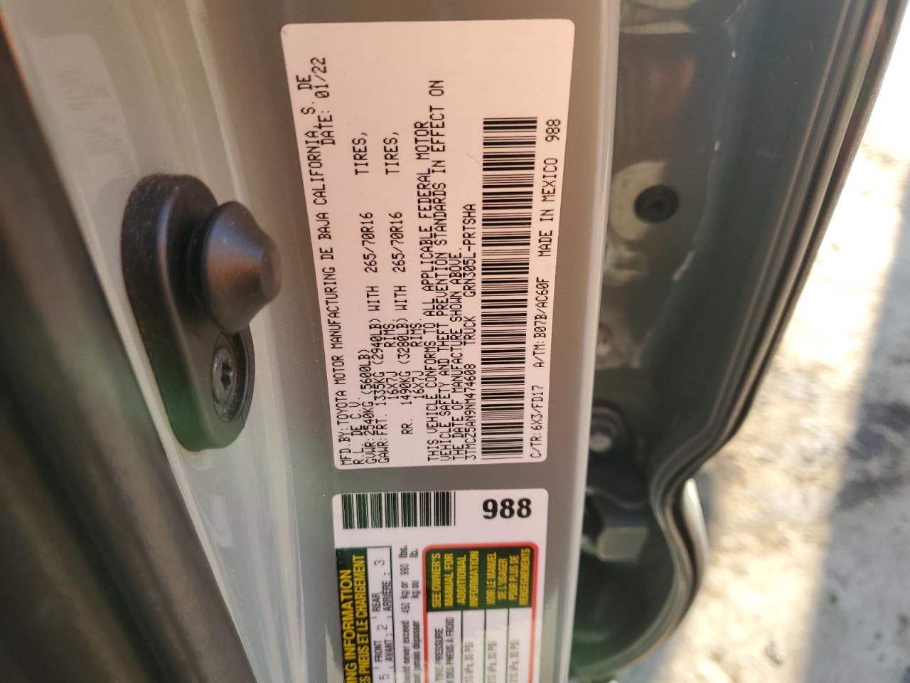 2022 TOYOTA TACOMA DOUBLE CAB VIN:3TMCZ5AN9NM474608
