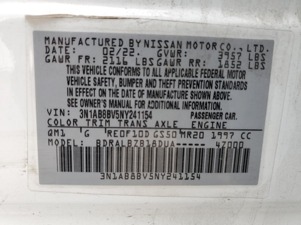 2022 NISSAN SENTRA S VIN:3N1AB8BV5NY241154