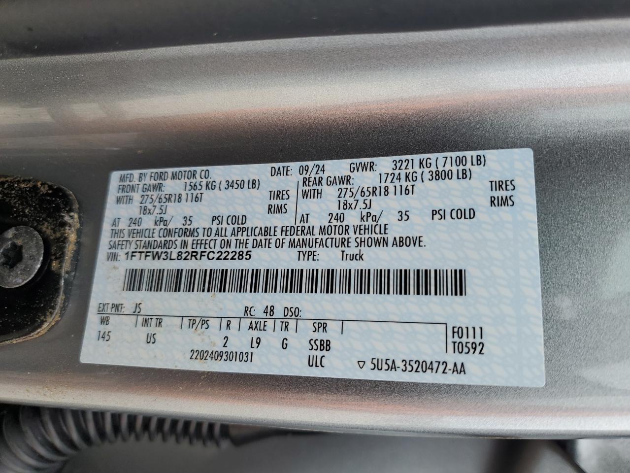 2024 FORD F150 XLT VIN:1FTFW3L82RFC22285