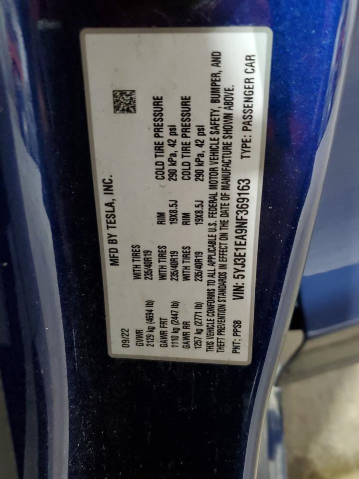 2022 TESLA MODEL 3 VIN:5YJ3E1EA9NF369163