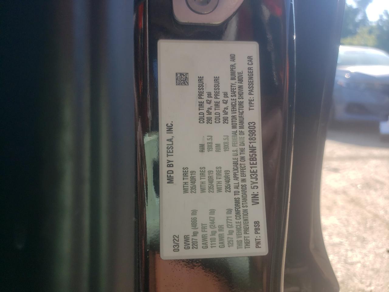2022 TESLA MODEL 3 VIN:5YJ3E1EB5NF189803