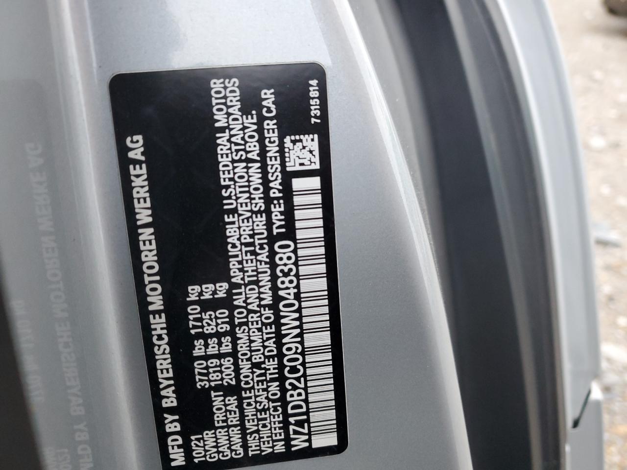 2022 TOYOTA SUPRA VIN:WZ1DB2C09NW048380