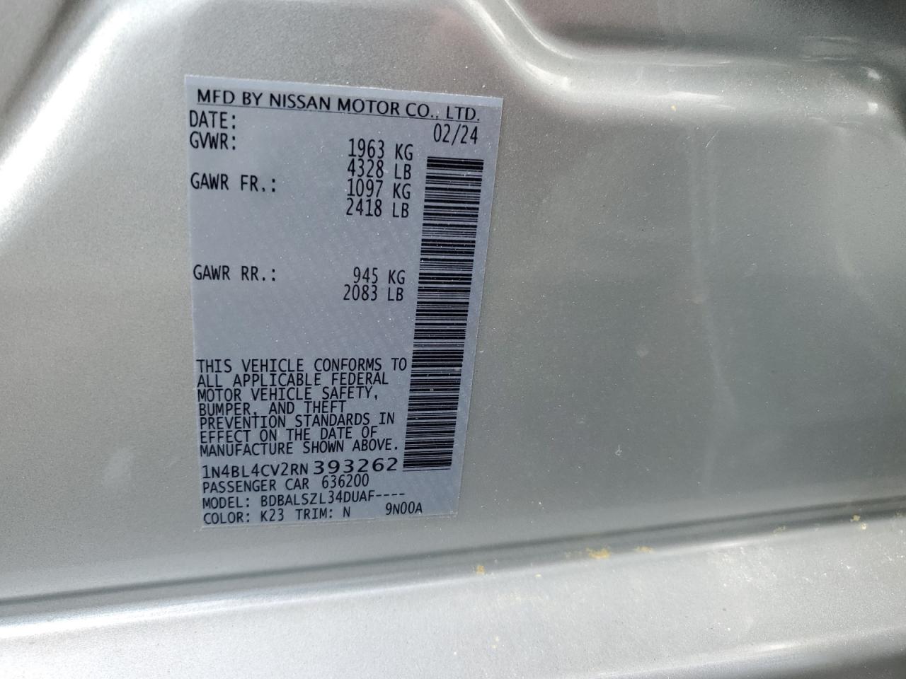 2024 NISSAN ALTIMA SR VIN:1N4BL4CV2RN393262