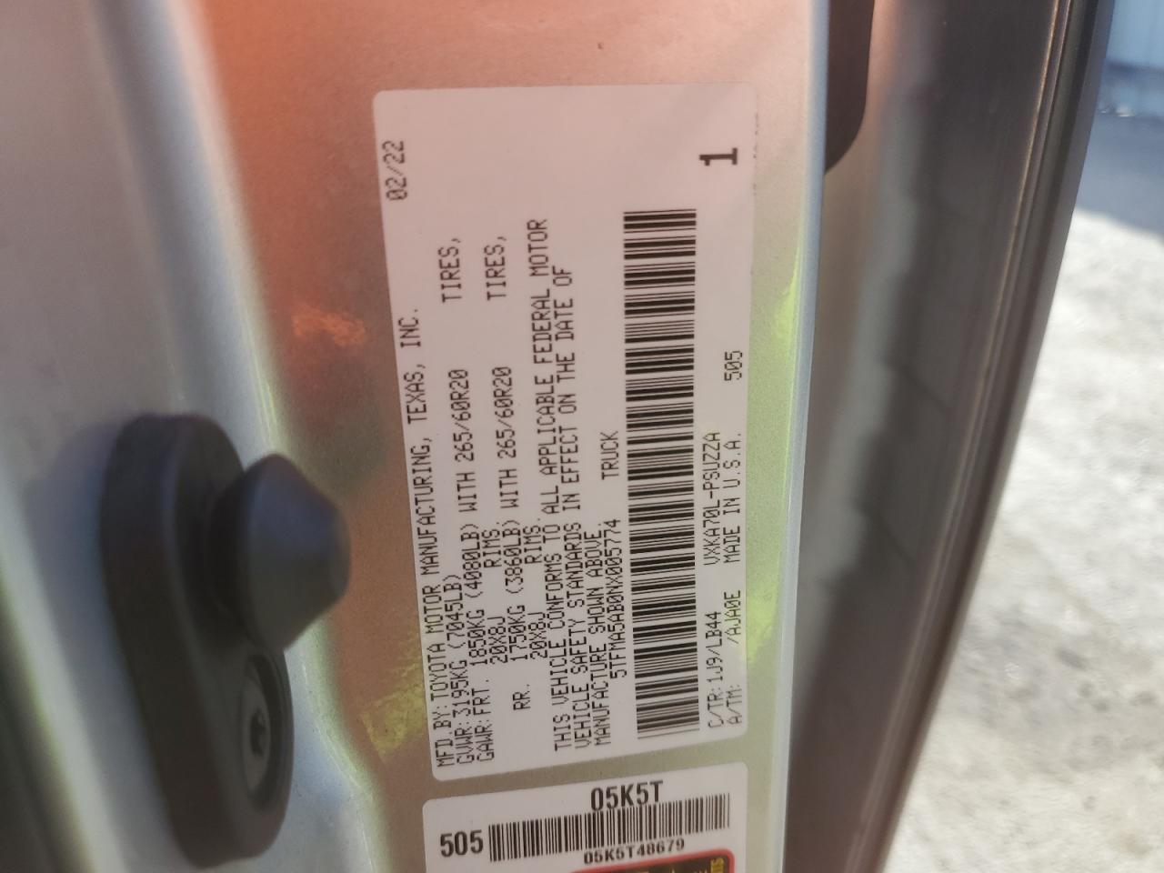 2022 TOYOTA TUNDRA CREWMAX PLATINUM VIN:5TFMA5AB0NX005774