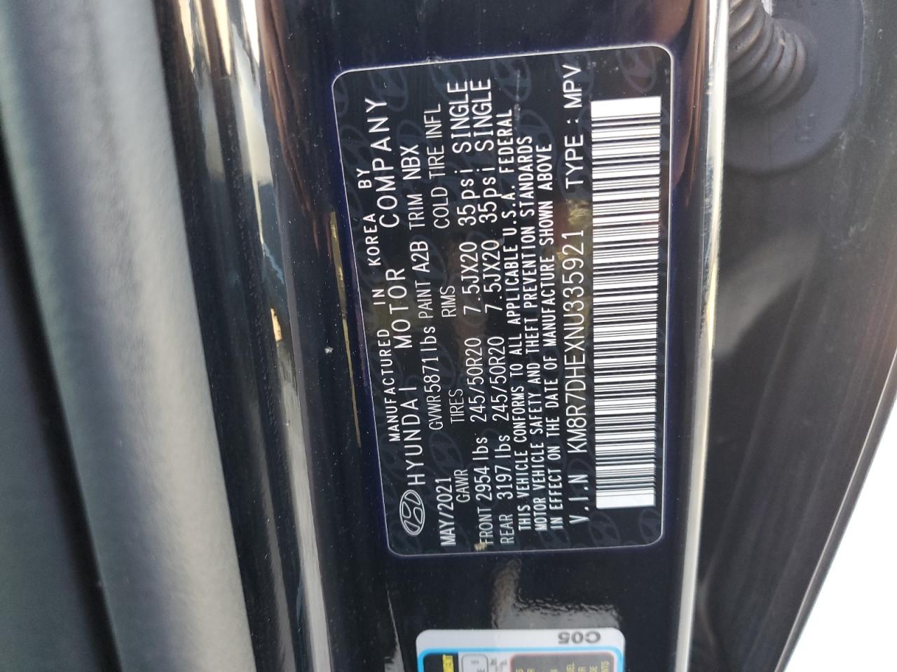 2022 HYUNDAI PALISADE CALLIGRAPHY VIN:KM8R7DHEXNU335921
