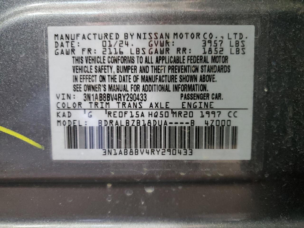 2024 NISSAN SENTRA S VIN:3N1AB8BV4RY290433