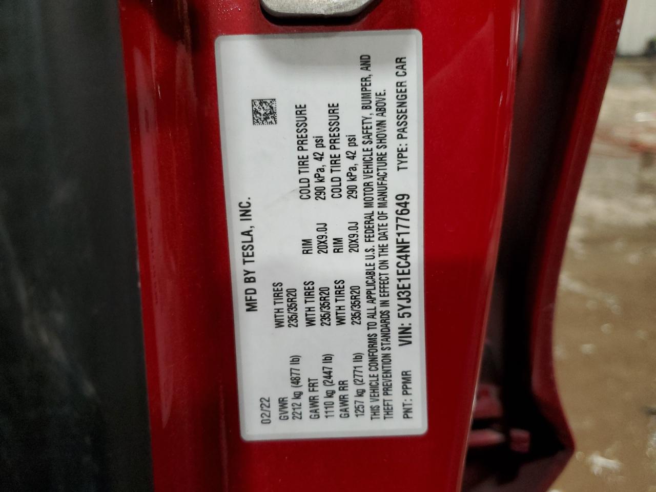 2022 TESLA MODEL 3 VIN:1N4AL3AP6DC255867