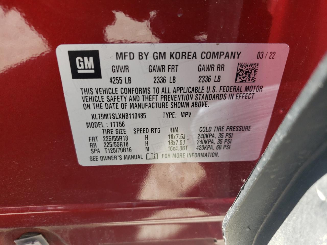 2022 CHEVROLET TRAILBLAZER RS VIN:KL79MTSLXNB110485