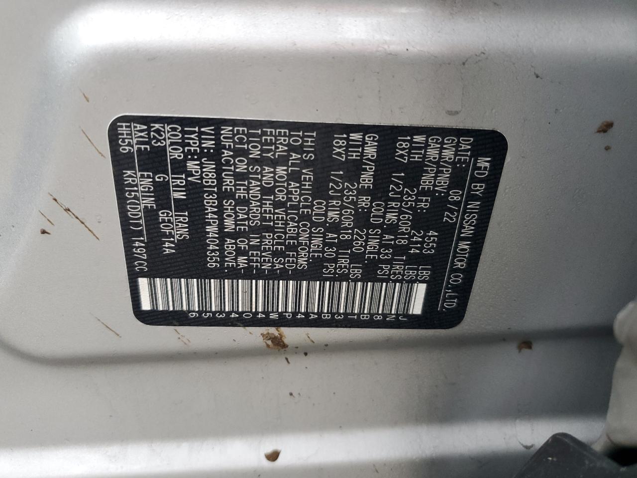 2023 NISSAN ROGUE SV VIN:JN8BT3BA4PW404356