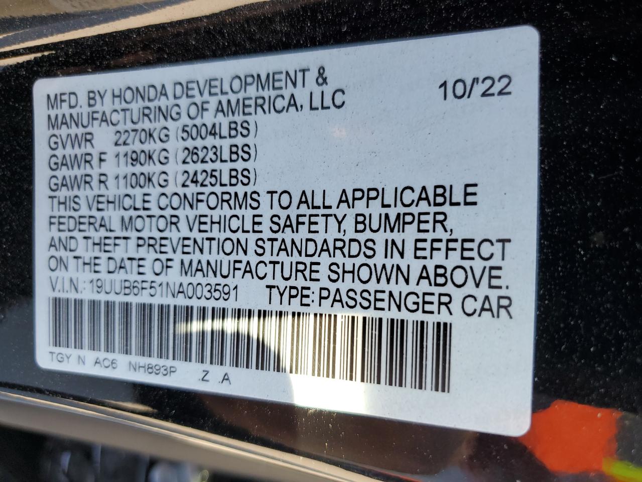 2022 ACURA TLX TECH A VIN:19UUB6F51NA003591