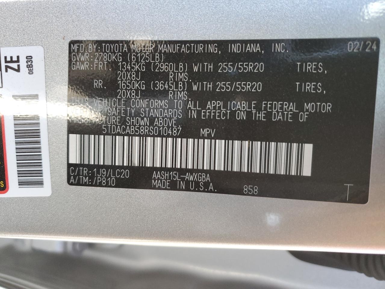 2024 TOYOTA GRAND HIGHLANDER XLE VIN:5TDACAB58RS010487