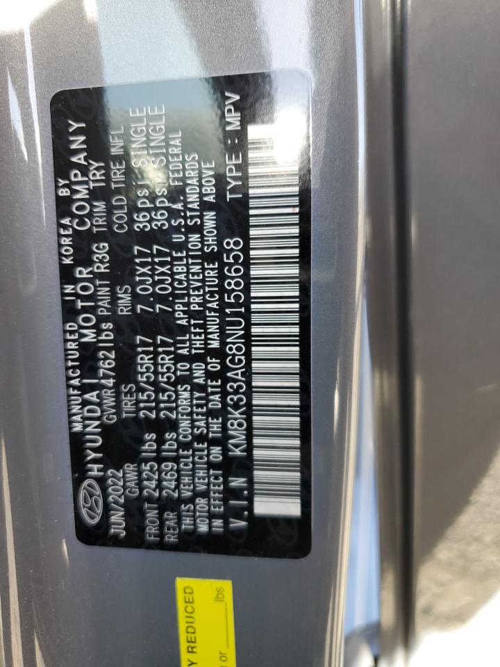 2022 HYUNDAI KONA SEL VIN:KM8K33AG8NU158658