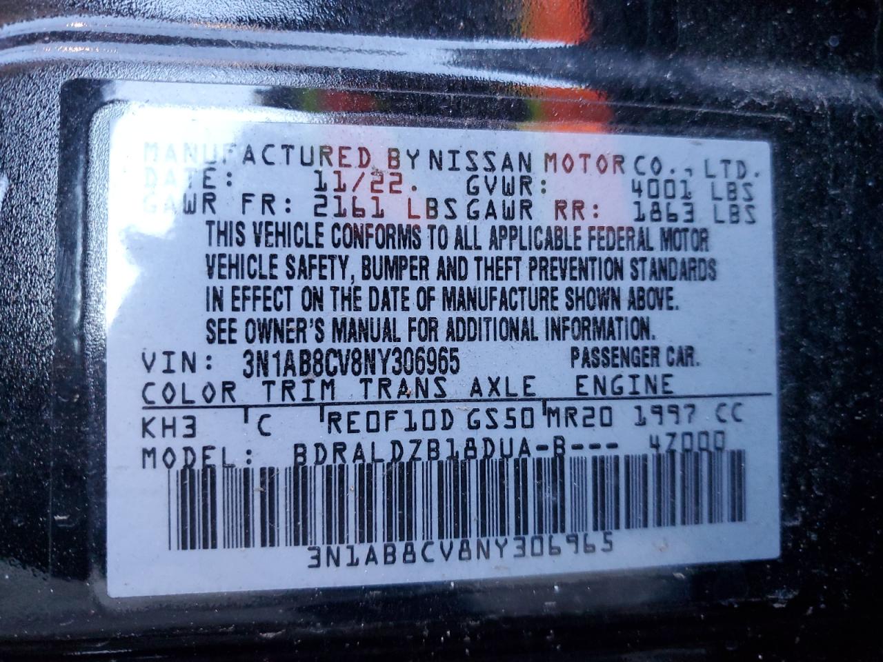 2022 NISSAN SENTRA SV VIN:3N1AB8CV8NY306965