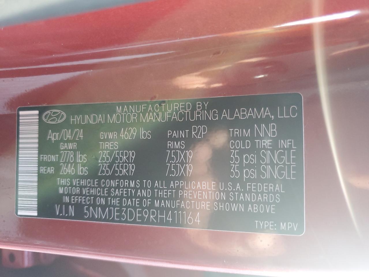 2024 HYUNDAI TUCSON LIMITED VIN:5NMJE3DE9RH411164