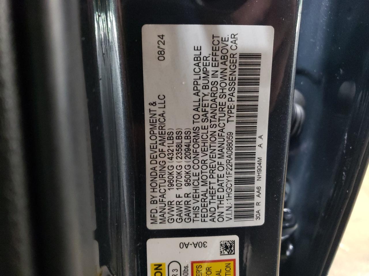 2024 HONDA ACCORD LX VIN:1HGCY1F22RA088059