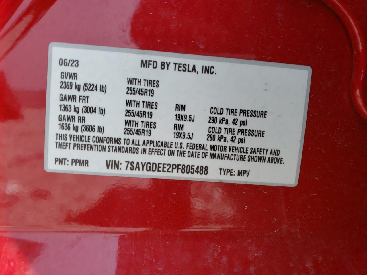 2023 TESLA MODEL Y VIN:7SAYGDEE2PF805488