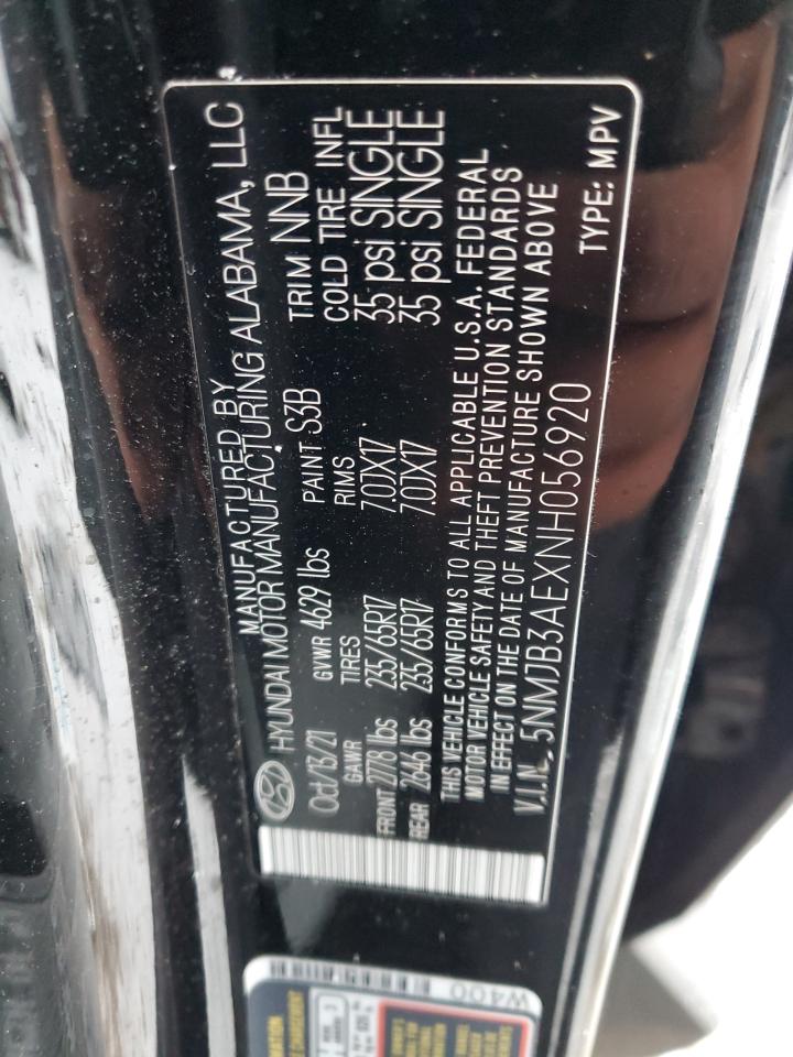 2022 HYUNDAI TUCSON SEL VIN:5NMJB3AEXNH056920