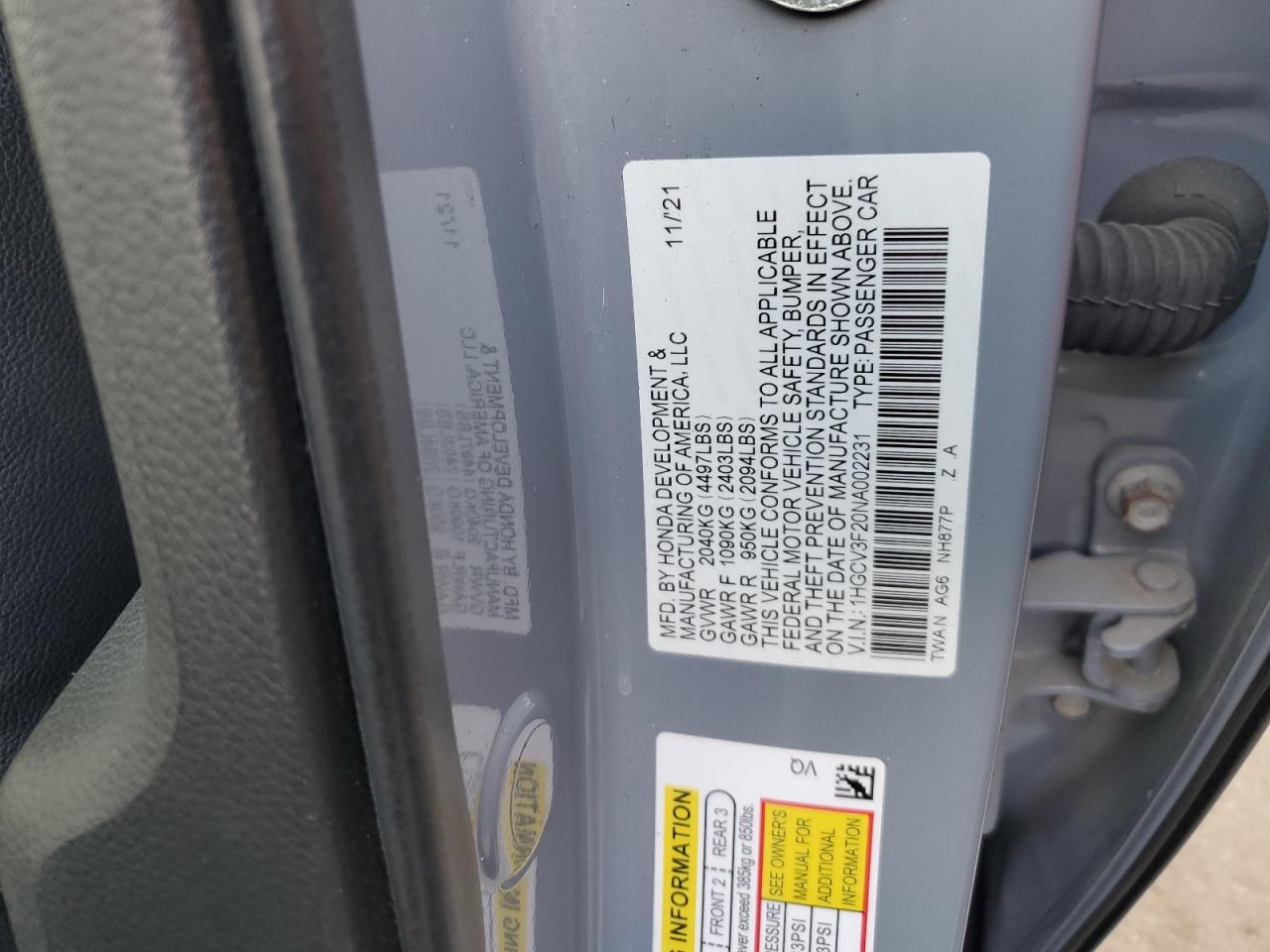 2022 HONDA ACCORD HYBRID SPORT VIN:1HGCV3F20NA002231