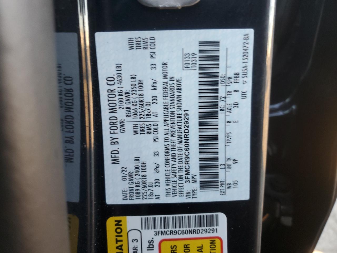 2022 FORD BRONCO SPORT OUTER BANKS VIN:3FMCR9C60NRD29291