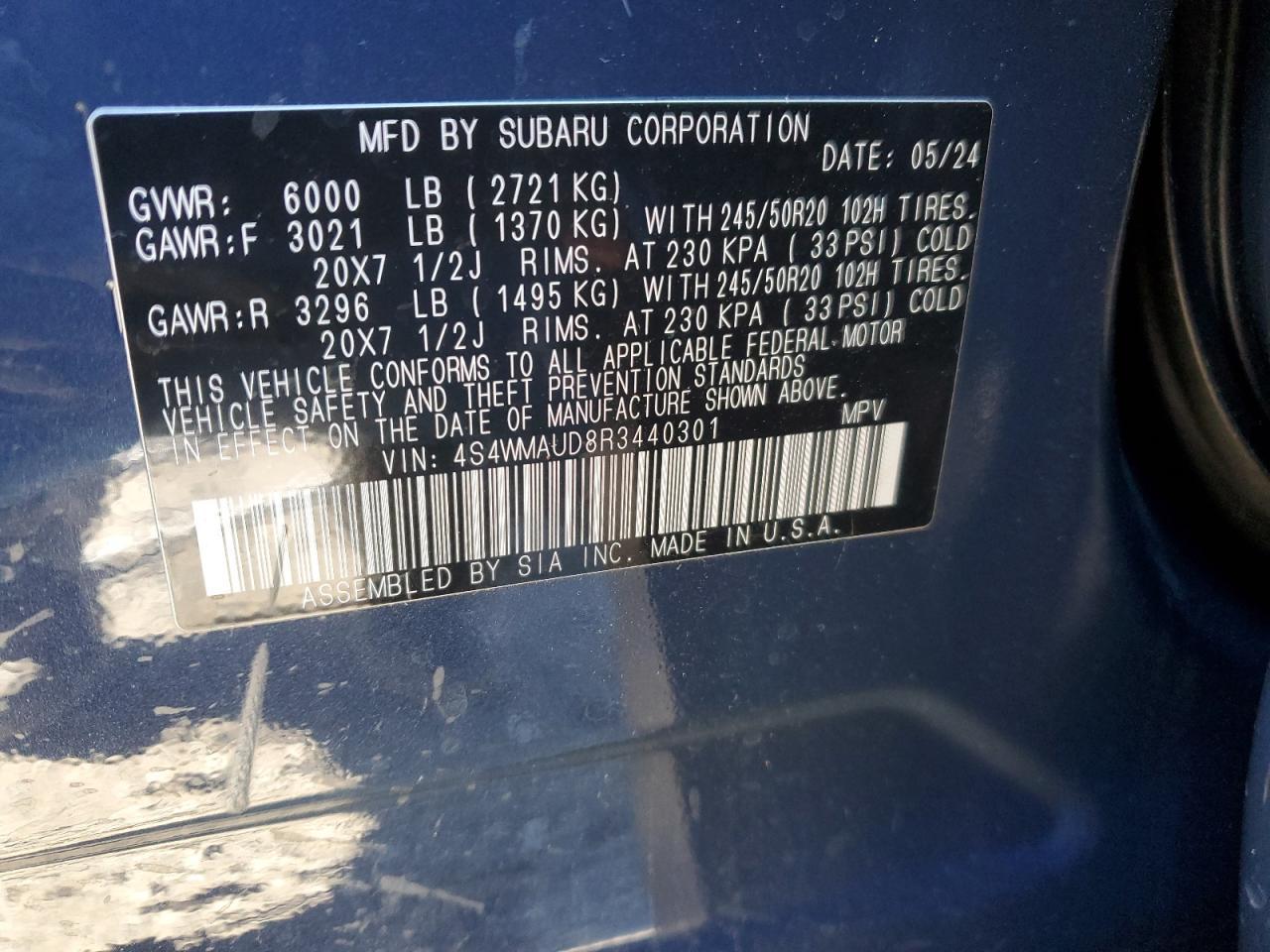 2024 SUBARU ASCENT LIMITED VIN:4S4WMAUD8R3440301