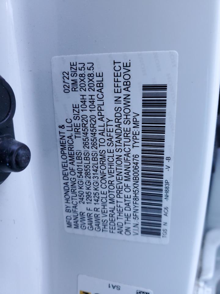 2022 HONDA PASSPORT EXL VIN:5FNYF8H5XNB006476