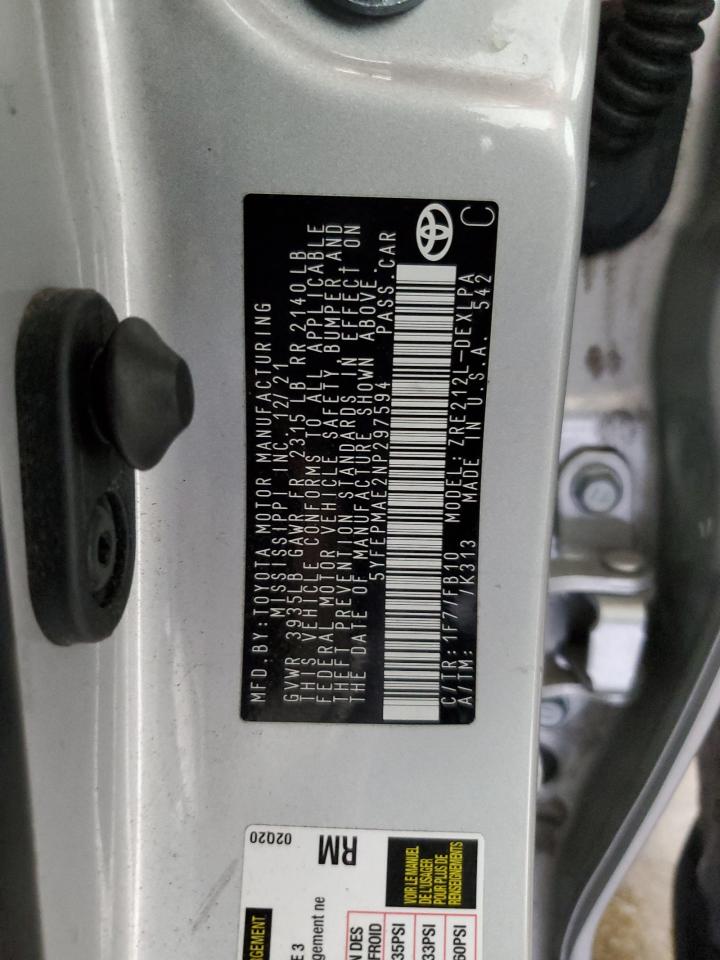 2022 TOYOTA COROLLA LE VIN:5YFEPMAE2NP297594