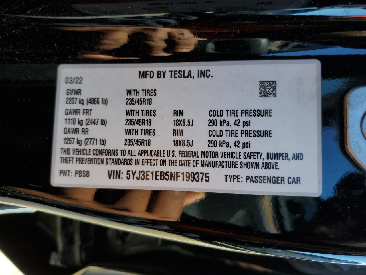 2022 TESLA MODEL 3 VIN:5YJ3E1EB5NF199375