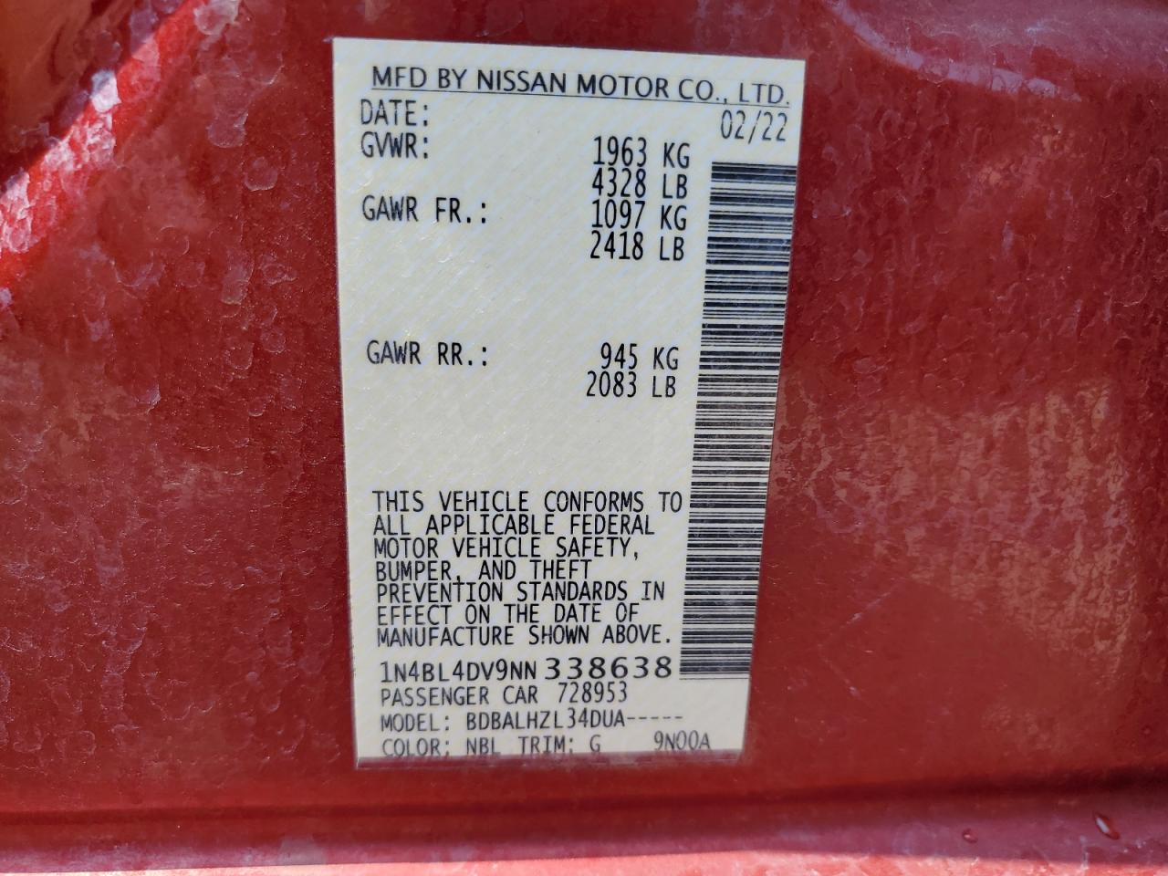2022 NISSAN ALTIMA SV VIN:1N4BL4DV9NN338638